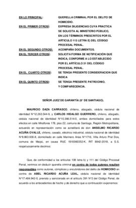 Querella por homicidio en el caso de Abel Acuña, presentada por la familia de Abel, al 8vo Juez d...