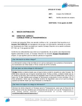 Notificación de decisión final del Consejo para la Transparencia acogiendo parcialmente amparo po...