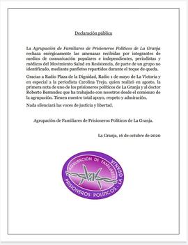 Declaración pública de rechazo a amenazas recibidas