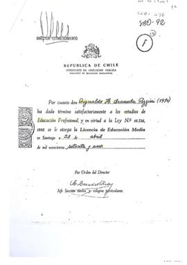 Certificado de egreso de educación media de Dignaldo Araneda Pizzini