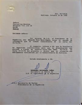 Carta del Secretario de Partes del Presidente Eduardo Frei a Pascualina Morales