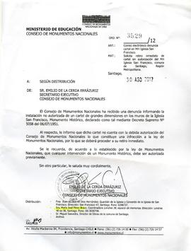 Oficio del Consejo de Monumentos Nacionales que solicita retiro de un cartel en la iglesia de San...